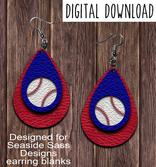 Red Royal Blue Baseball Cut Out Teardrop Earring Sublimation Design, Hand drawn Teardrop Sublimation earring design, digital download, JPG, PNG