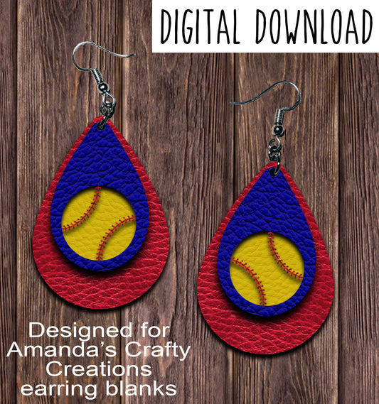 Red Royal Blue Softball Cut Out Teardrop Earring Sublimation Design, Hand drawn Teardrop Sublimation earring design, digital download, JPG, PNG