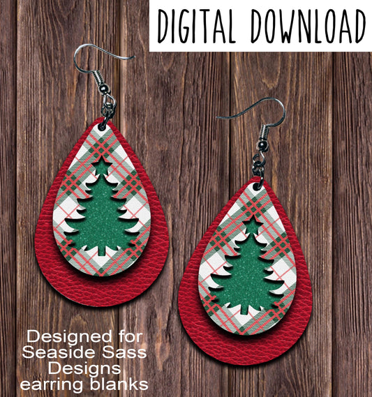 Red Tartan Green Tree Cut Out Teardrop Earring Sublimation Design, Hand drawn Teardrop Sublimation earring design, digital download, JPG, PNG