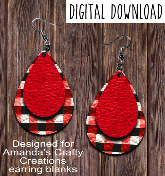 Red White Black Buffalo Plaid Teardrop Earring Sublimation Design, Hand drawn Teardrop Sublimation earring design, digital download, JPG, PNG