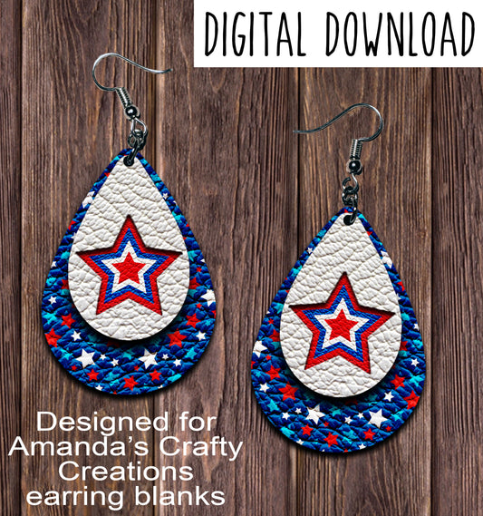 Red White Blue Star Teardrop Earring Sublimation Design, Hand drawn Teardrop Sublimation earring design, digital download, JPG, PNG