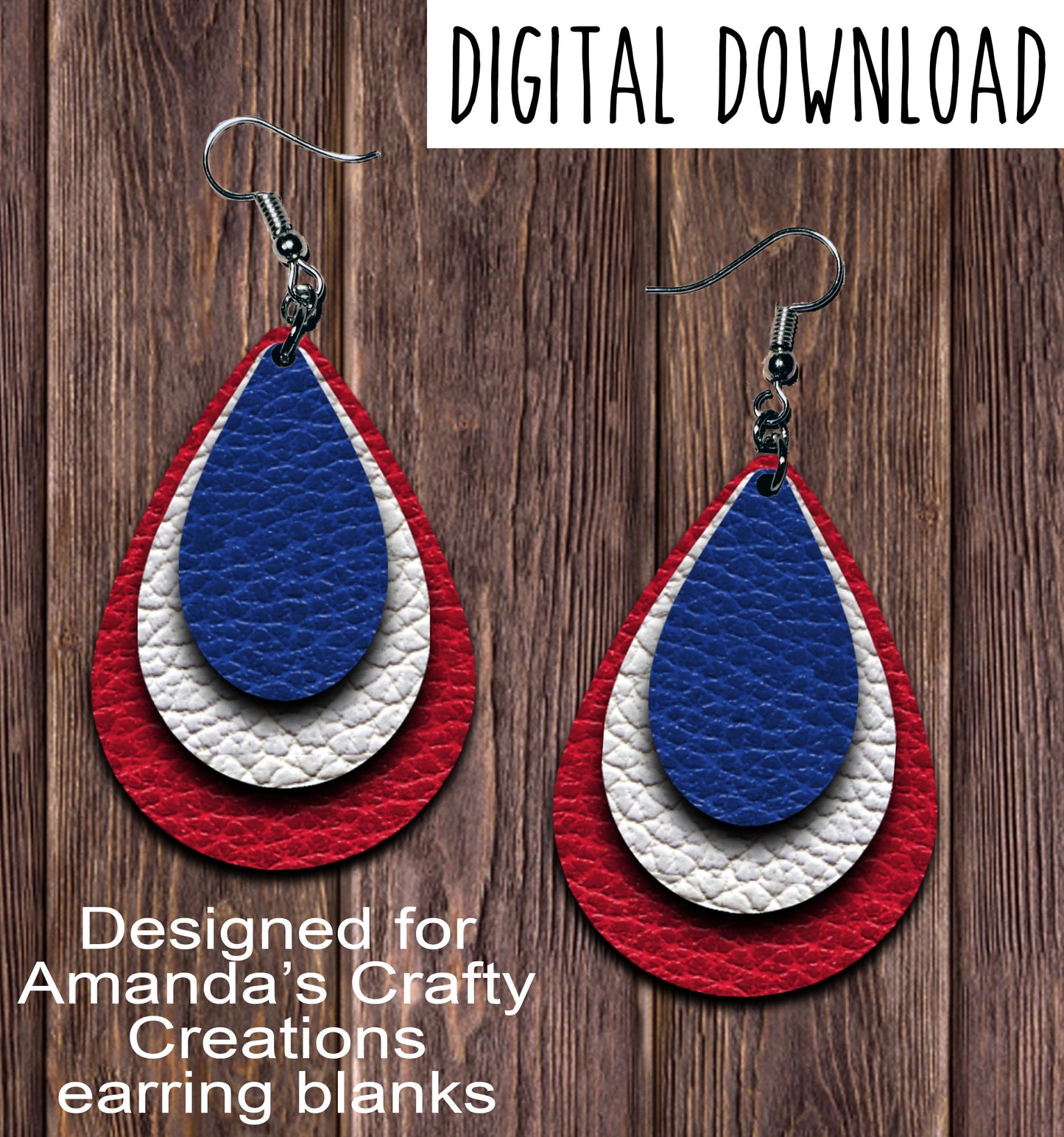 Red White Blue Teardrop Earring Sublimation Design, Hand drawn Teardrop Sublimation earring design, digital download, JPG, PNG
