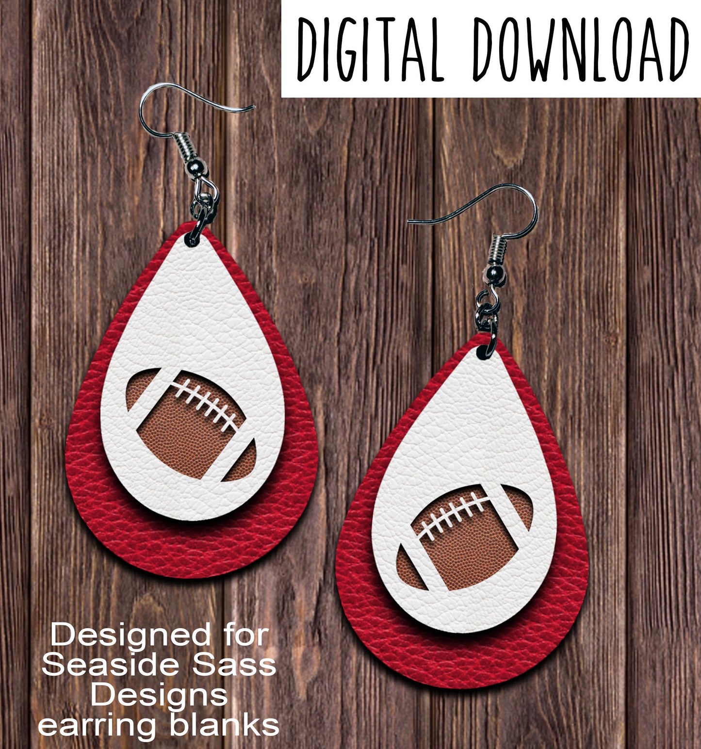 Red White Football Cut Out Teardrop Earring Sublimation Design, Hand drawn Teardrop Sublimation earring design, digital download, JPG, PNG