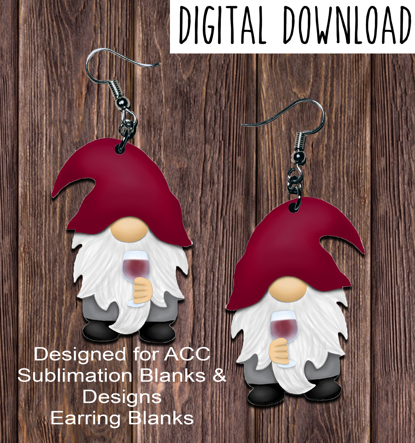 Red Wine Gnome Earring Sublimation Design, Hand drawn Gnome Sublimation earring design, digital download, JPG, PNG