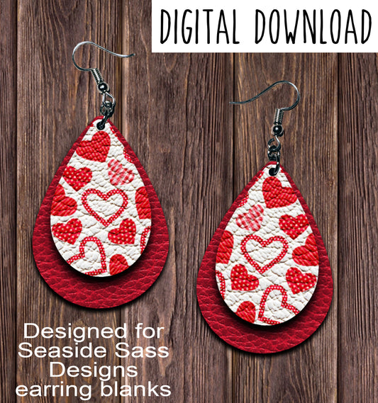 Red Hearts Teardrop Earring Sublimation Design, Hand drawn Teardrop Sublimation earring design, digital download, JPG, PNG