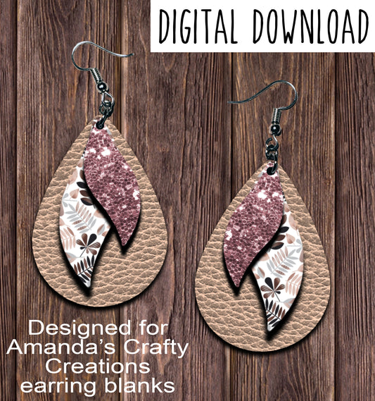 Rose Gold Tan Leaf Triple Layer Teardrop Earring Sublimation Design, Hand drawn Teardrop Sublimation earring design, digital download, JPG, PNG