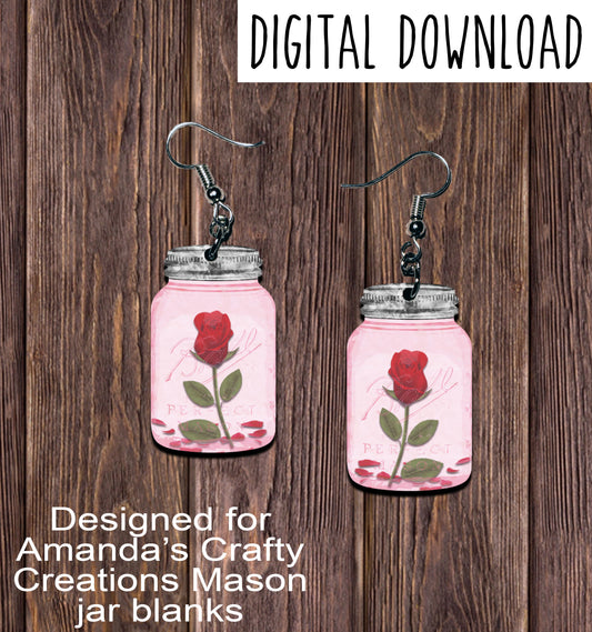 Rose Only Pink Mason Jar Earring Sublimation Design, Hand drawn Mason Jar Sublimation earring design, digital download, JPG, PNG