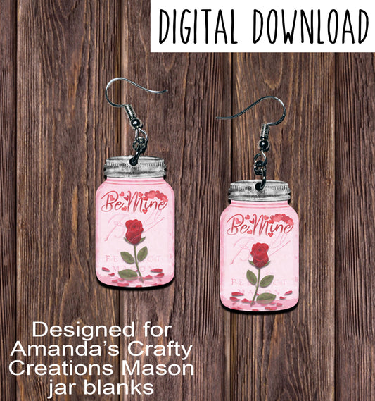 Rose Pink Mason Jar Earring Sublimation Design, Hand drawn Mason Jar Sublimation earring design, digital download, JPG, PNG