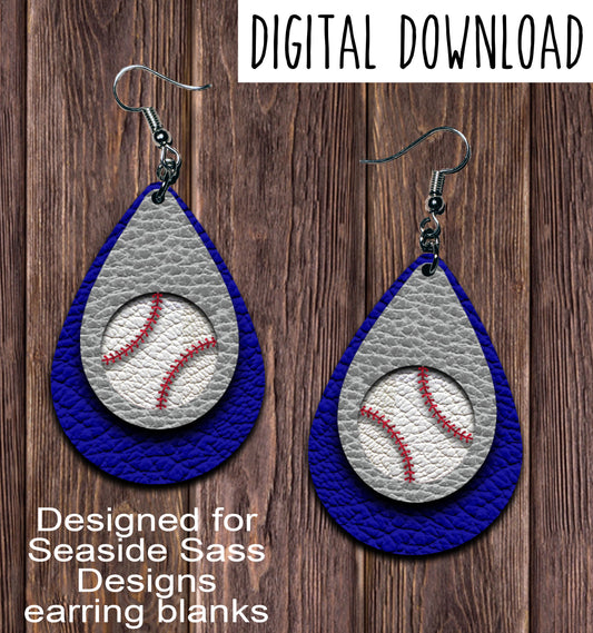 Royal Blue Silver Baseball Cut Out Teardrop Earring Sublimation Design, Hand drawn Teardrop Sublimation earring design, digital download, JPG, PNG