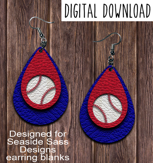 Royal Blue Red Baseball Cut Out Teardrop Earring Sublimation Design, Hand drawn Teardrop Sublimation earring design, digital download, JPG, PNG