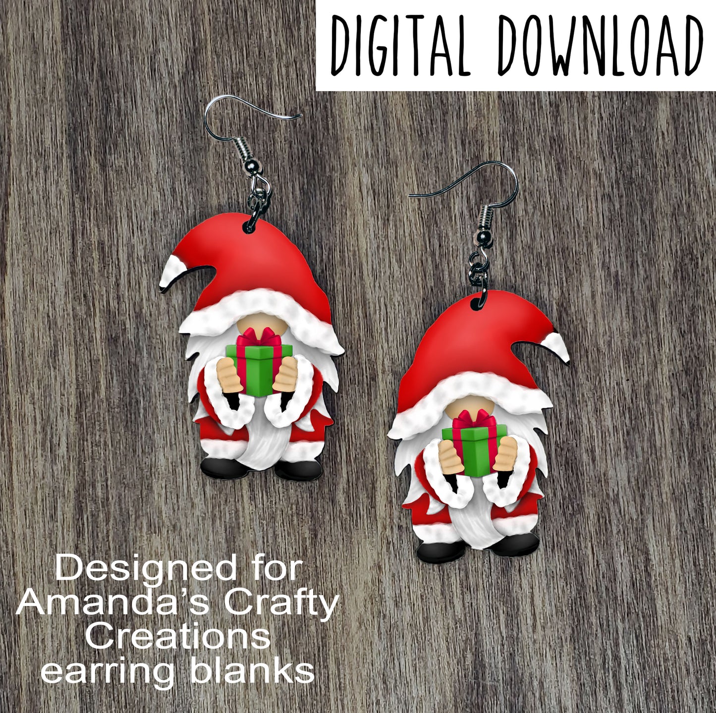 Santa Gnome with Gift Sublimation Design, Hand drawn Gnome Sublimation earring design, digital download, JPG, PNG