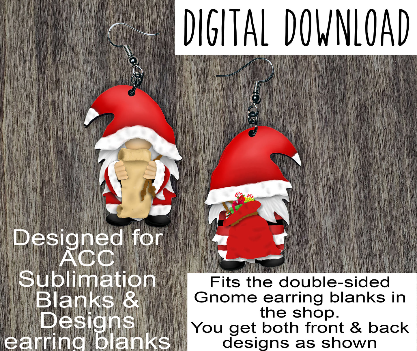 Double Sided Santa Gnome with Scroll and Sack Sublimation Design, Hand drawn Gnome Sublimation earring design, digital download, JPG, PNG