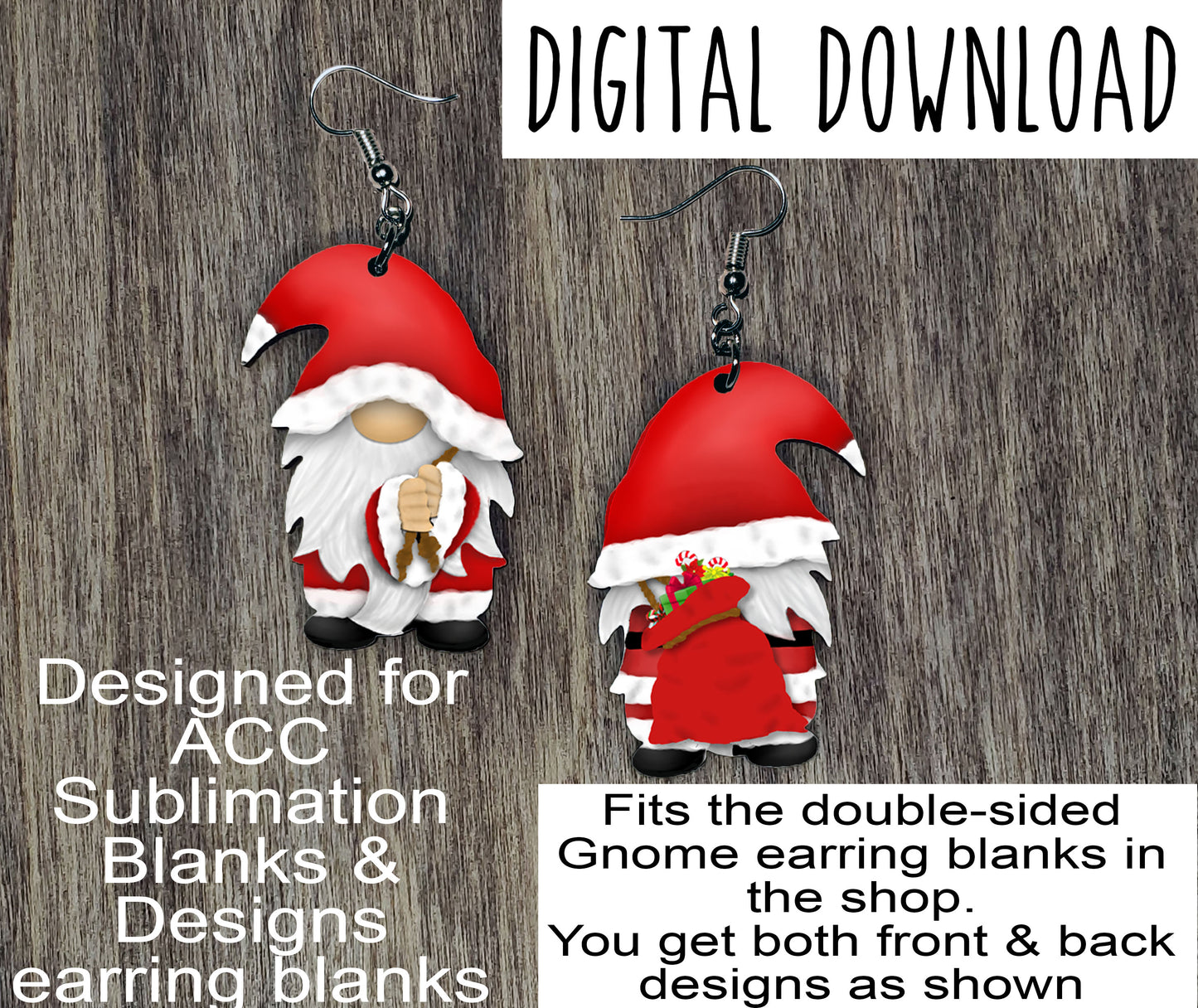 Double Sided Santa Gnome with Sack Sublimation Design, Hand drawn Gnome Sublimation earring design, digital download, JPG, PNG