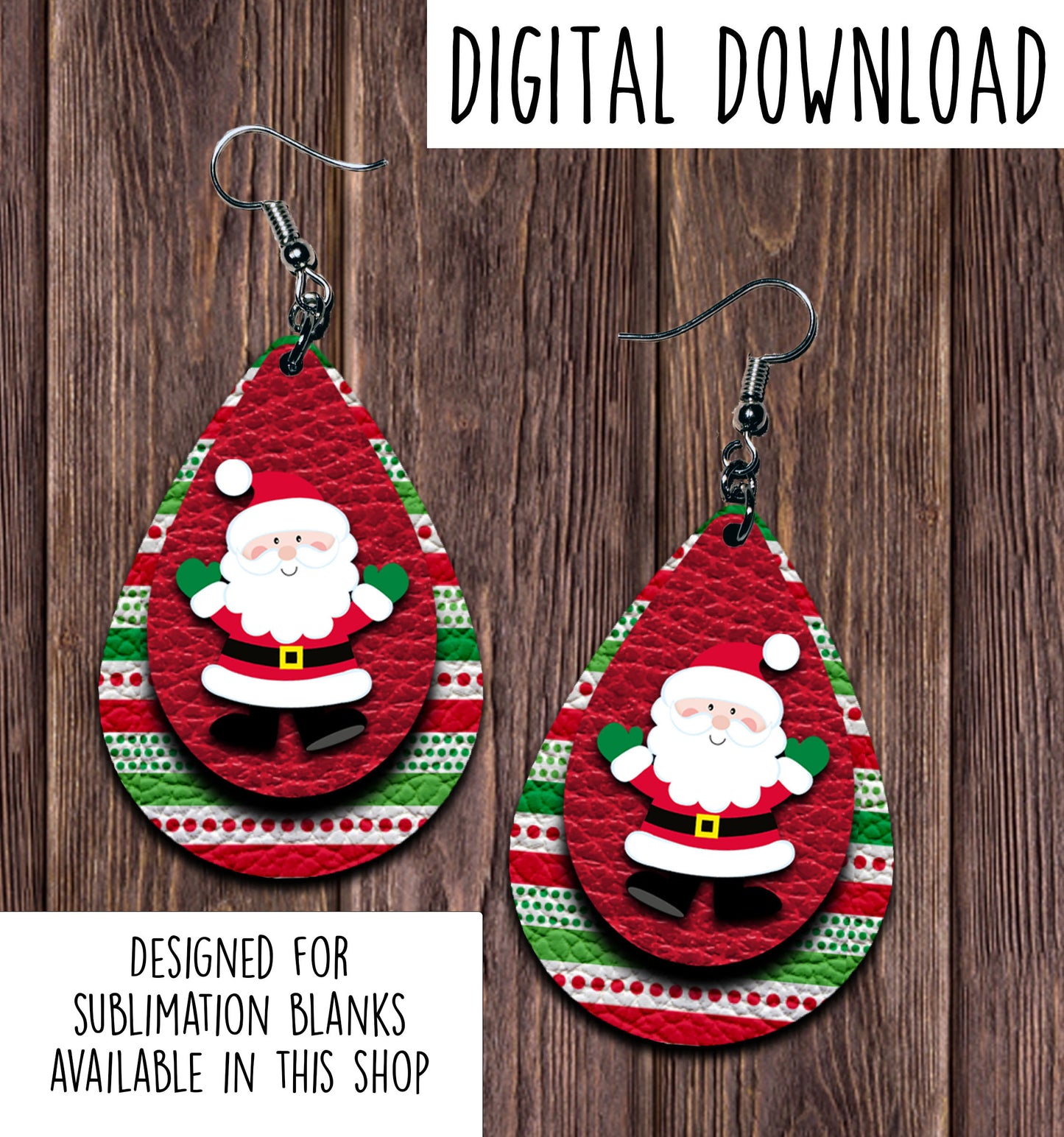 Santa Teardrop Earring Sublimation Design, Hand drawn Teardrop Sublimation earring design, digital download, JPG, PNG