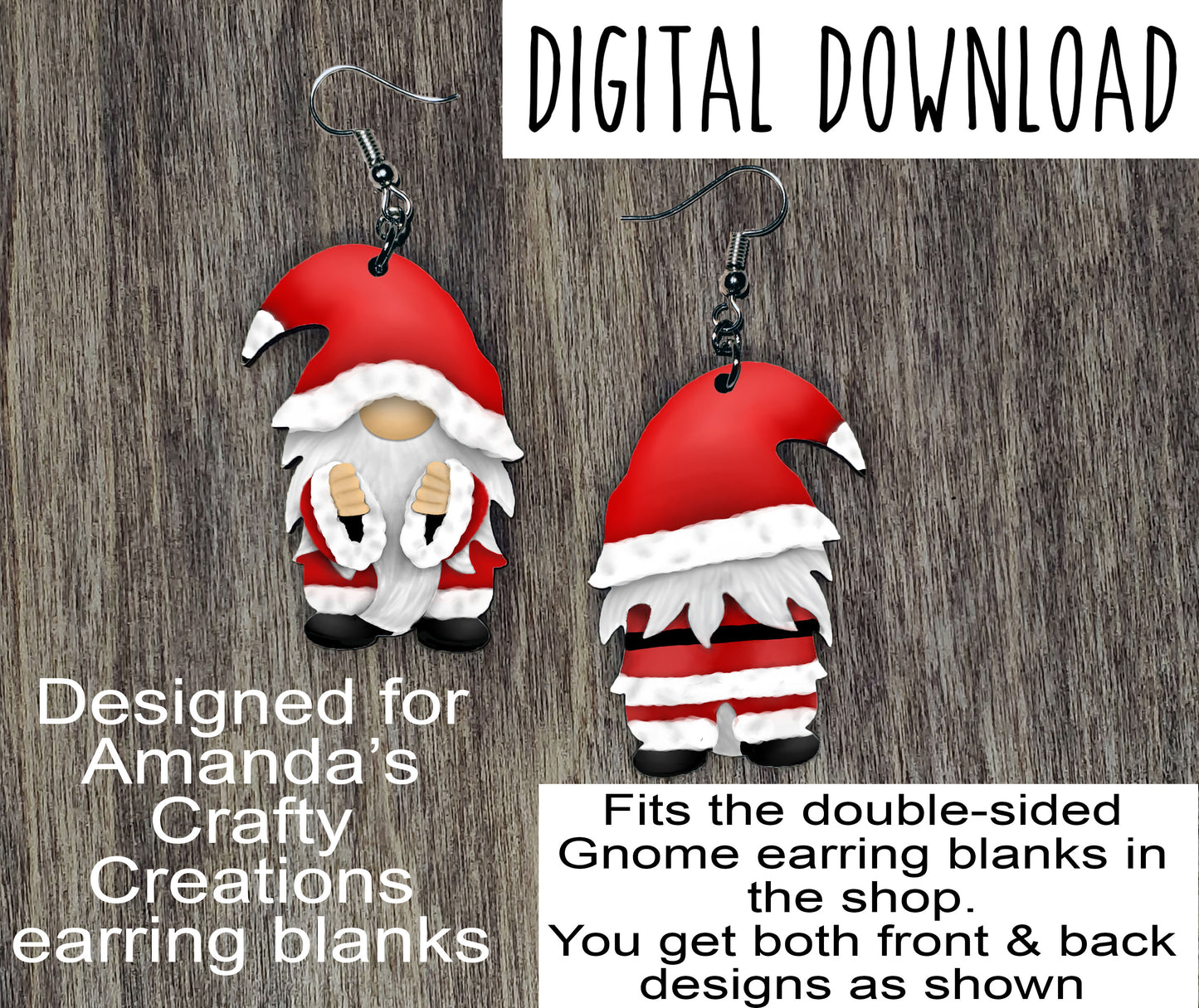 Double Sided Santa Gnome Sublimation Design, Hand drawn Gnome Sublimation earring design, digital download, JPG, PNG