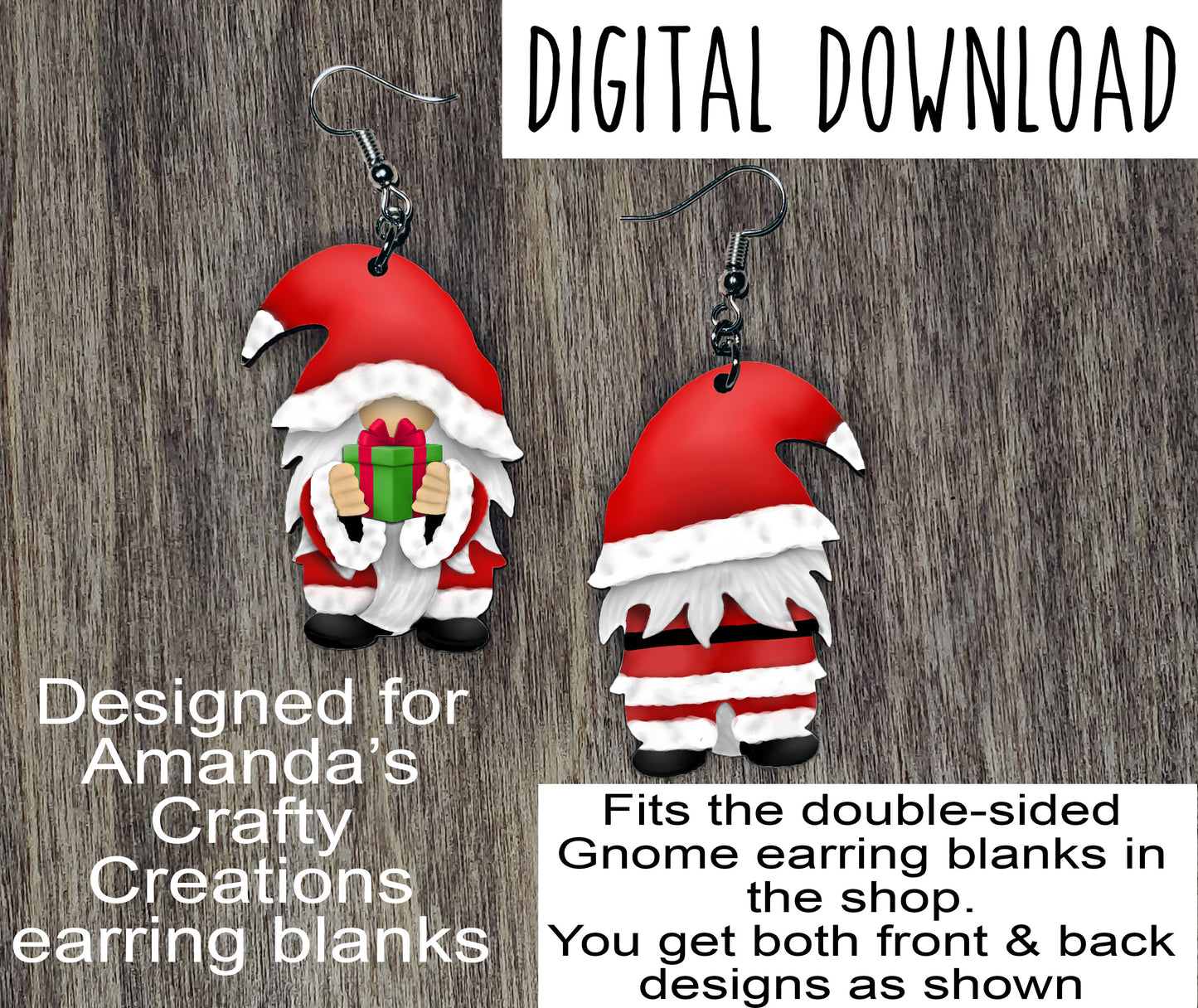 Double Sided Santa Gnome with Gift Sublimation Design, Hand drawn Gnome Sublimation earring design, digital download, JPG, PNG