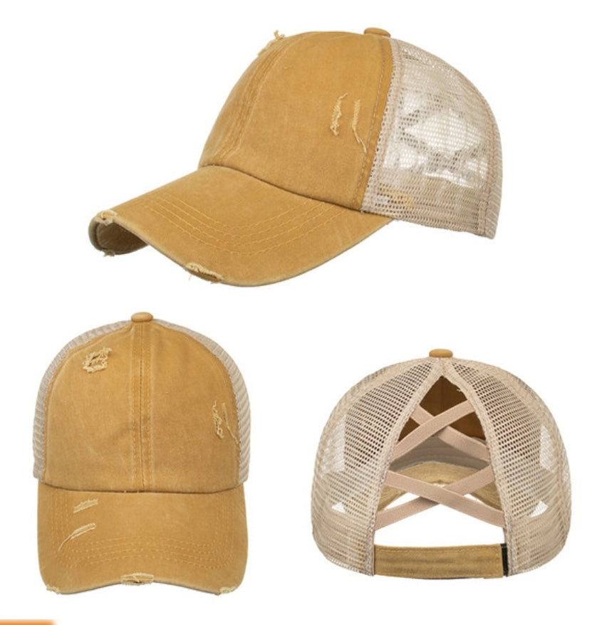 RTS Criss Cross Ponytail Vintage HATS, distressed vintage mesh trucker hats