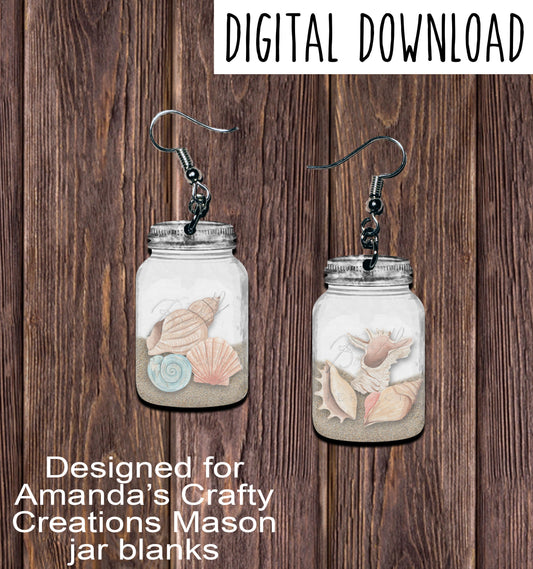 Seashell Mason Jar 2 Earring Sublimation Design, Hand drawn Mason Jar Sublimation earring design, digital download, JPG, PNG