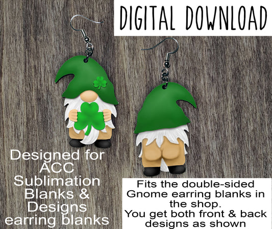 Double Sided Naked Gnome with Shamrock Sublimation Design, St Patty's Day naked gnome design, Hand drawn Gnome Sublimation earring design, digital download, JPG, PNG