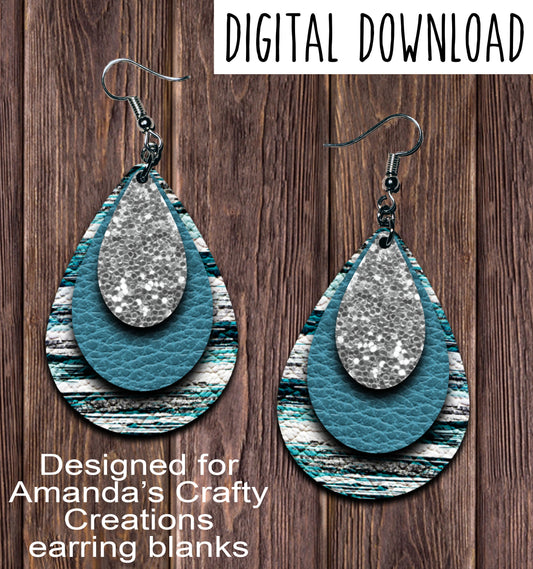 Silver Turquoise Brush Strokes Teardrop Earring Sublimation Design, Hand drawn Teardrop Sublimation earring design, digital download, JPG, PNG