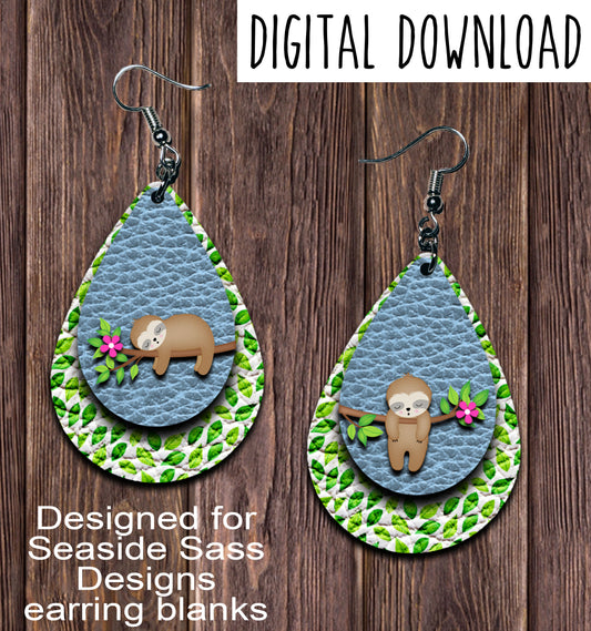 Sleepy Sloth Different Leaf Teardrop Earring Sublimation Design, Hand drawn Teardrop Sublimation earring design, digital download, JPG, PNG