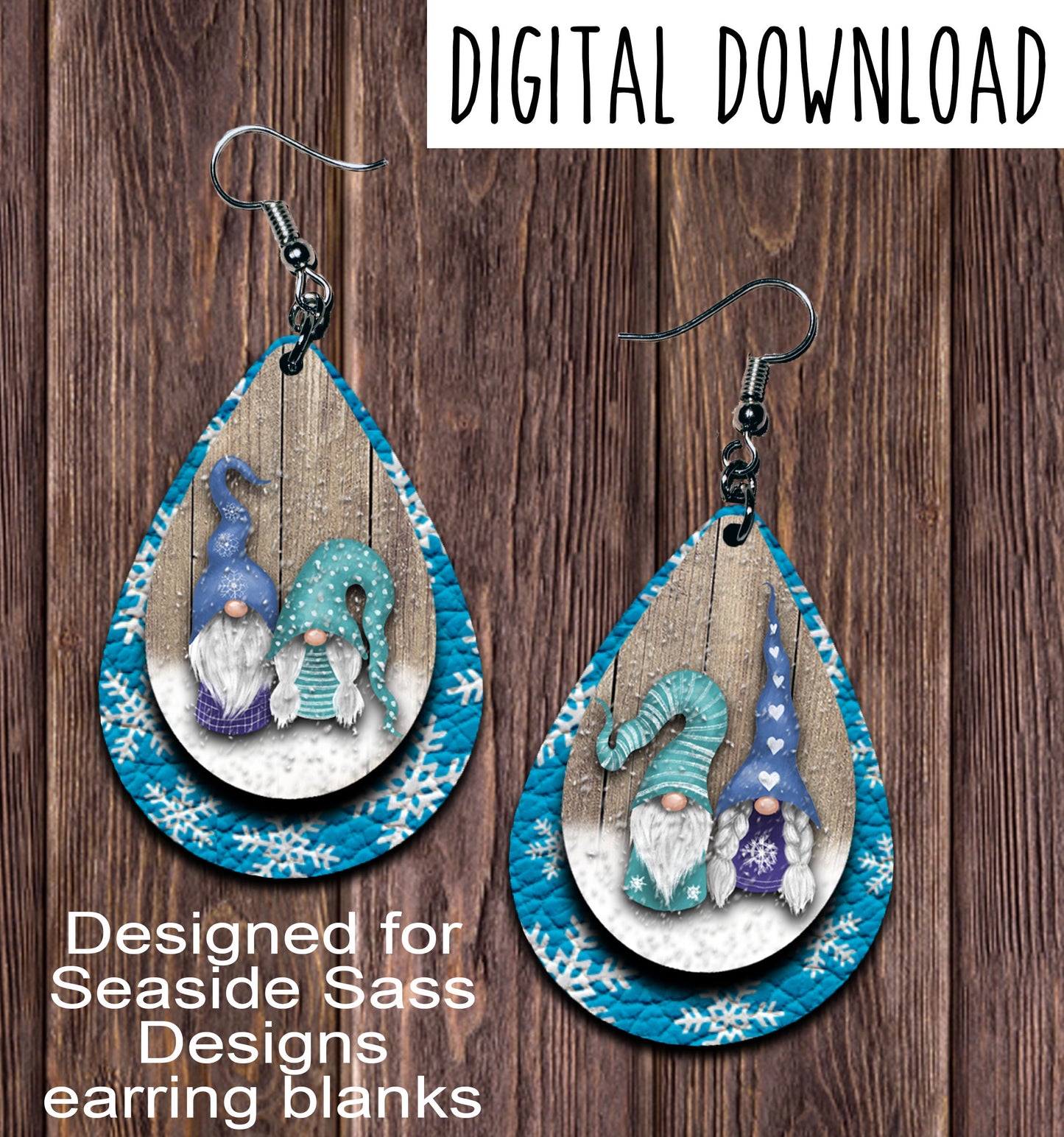 Snowy Gnomes Blue Teardrop Earring Sublimation Design, Hand drawn Teardrop Sublimation earring design, digital download, JPG, PNG