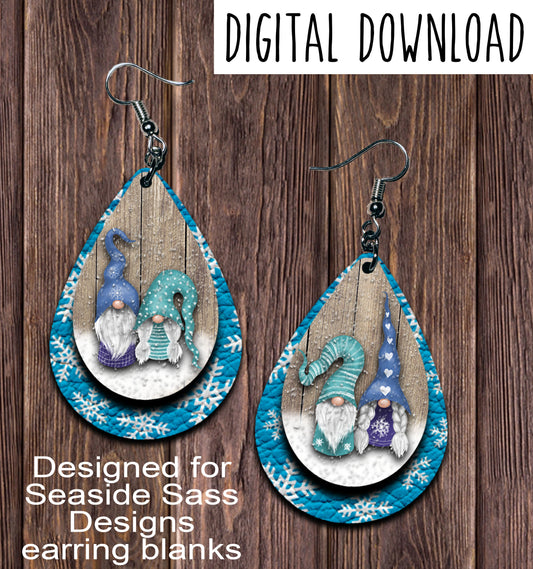 Snowy Gnomes Blue Teardrop Earring Sublimation Design, Hand drawn Teardrop Sublimation earring design, digital download, JPG, PNG