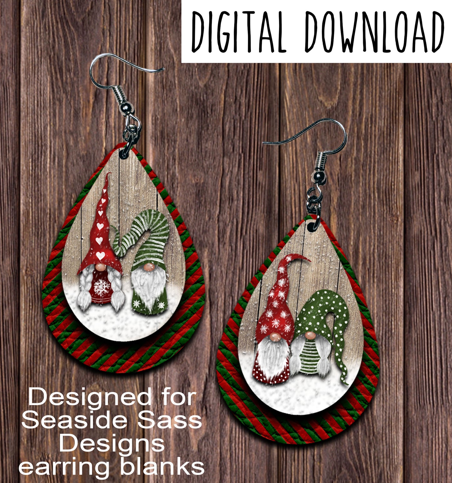 Snowy Gnomes Red Green Teardrop Earring Sublimation Design, Hand drawn Teardrop Sublimation earring design, digital download, JPG, PNG