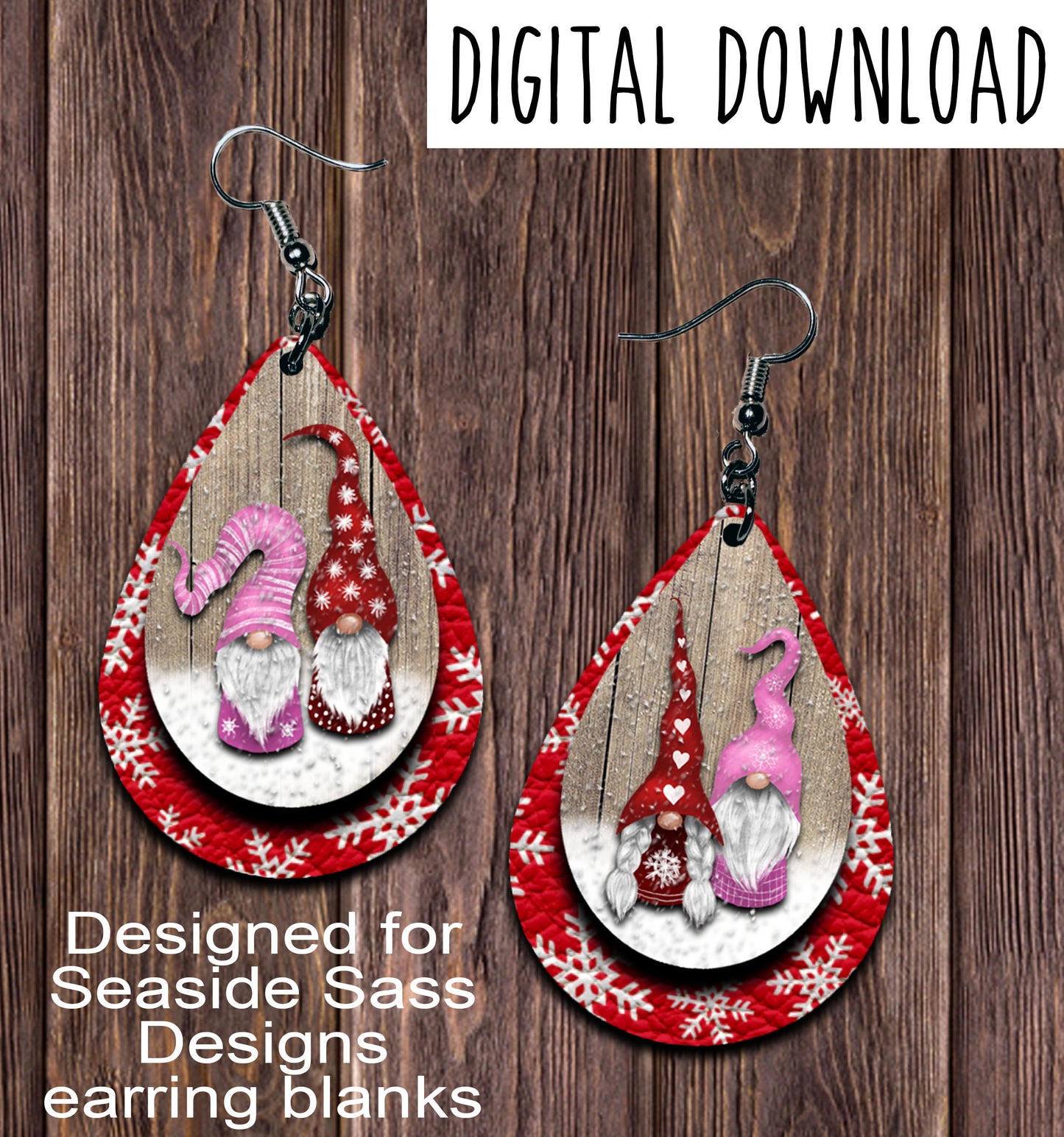 Snowy Gnomes Pink Teardrop Earring Sublimation Design, Hand drawn Teardrop Sublimation earring design, digital download, JPG, PNG