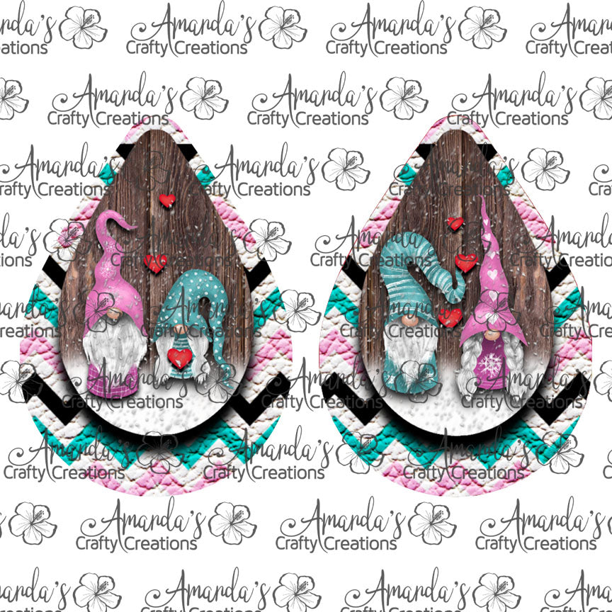 Pink Teal Valentine Gnomes Teardrop Earring Sublimation Design, Hand drawn Teardrop Sublimation earring design, digital download, JPG, PNG