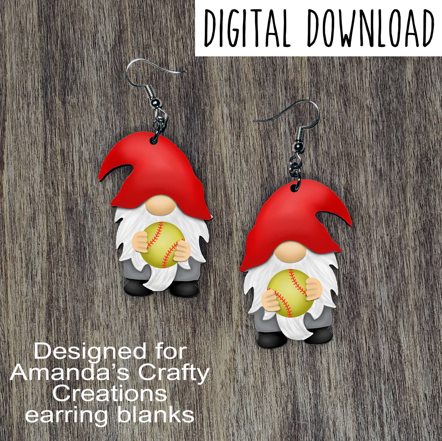 Softball Gnome with Ball Red Hat Sublimation Design, Hand drawn Gnome Sublimation earring design, digital download, JPG, PNG