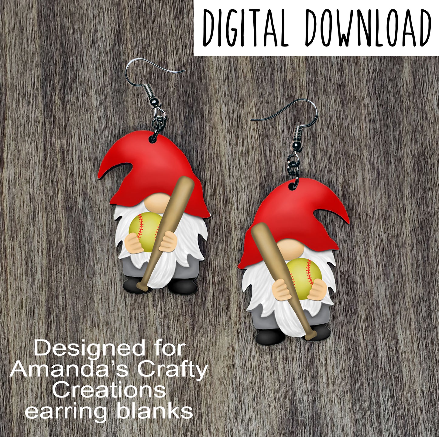 Softball Gnome with Ball and Bat Sublimation Red Hat Design, Hand drawn Gnome Sublimation earring design, digital download, JPG, PNG