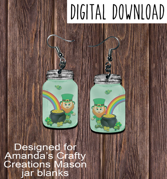 Leprechaun Mason Jar Earring Sublimation Design, Hand drawn Mason Jar Sublimation earring design, digital download, JPG, PNG