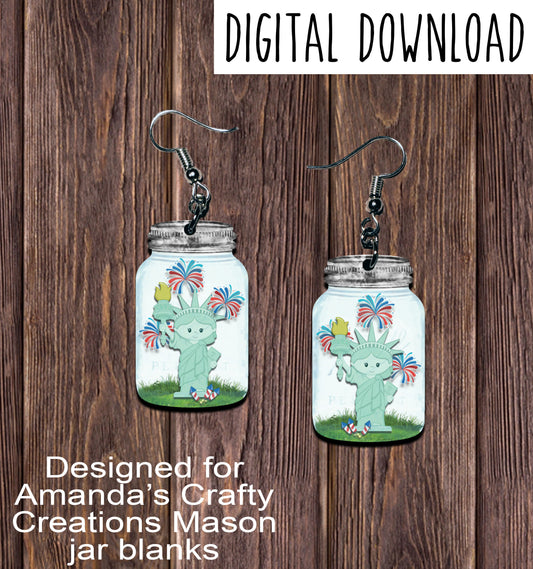 Statue of Liberty Fireworks Mason Jar Earring Sublimation Design, Hand drawn Mason Jar Sublimation earring design, digital download, JPG, PNG