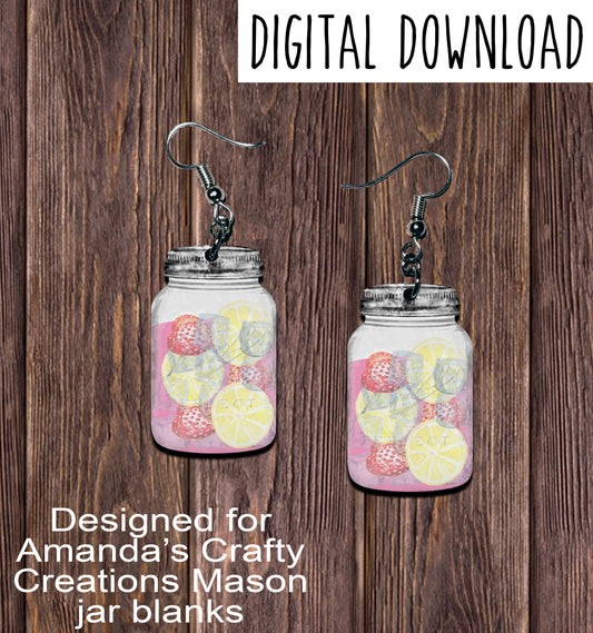 Strawberry Lemonade Mason Jar Earring Sublimation Design, Hand drawn Mason Jar Sublimation earring design, digital download, JPG, PNG