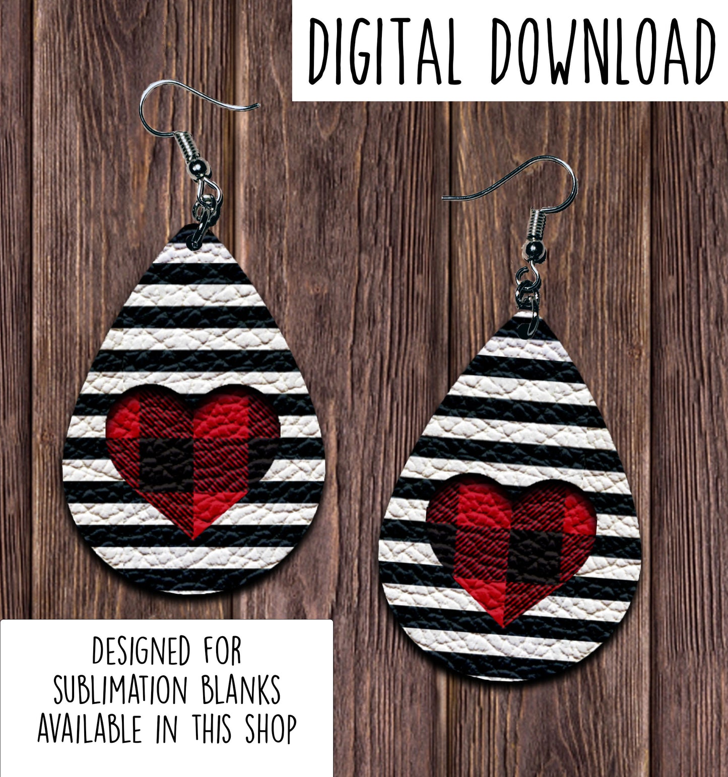 Stripes Buffalo Plaid Heart Teardrop Earring Sublimation Design, Hand drawn Teardrop Sublimation earring design, digital download, JPG, PNG