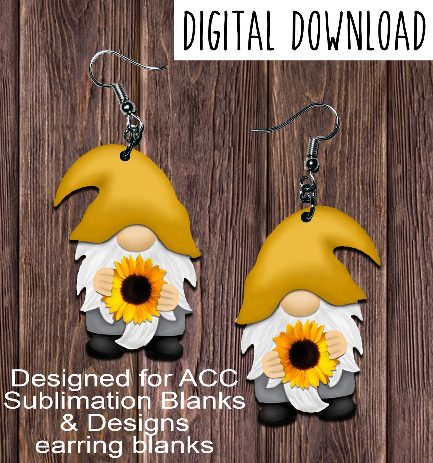 Sunflower Gnome Earring Sublimation Design, Hand drawn Gnome Sublimation earring design, digital download, JPG, PNG