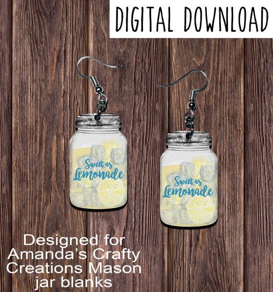 Sweet as Lemonade Mason Jar Earring Sublimation Design, Hand drawn Mason Jar Sublimation earring design, digital download, JPG, PNG