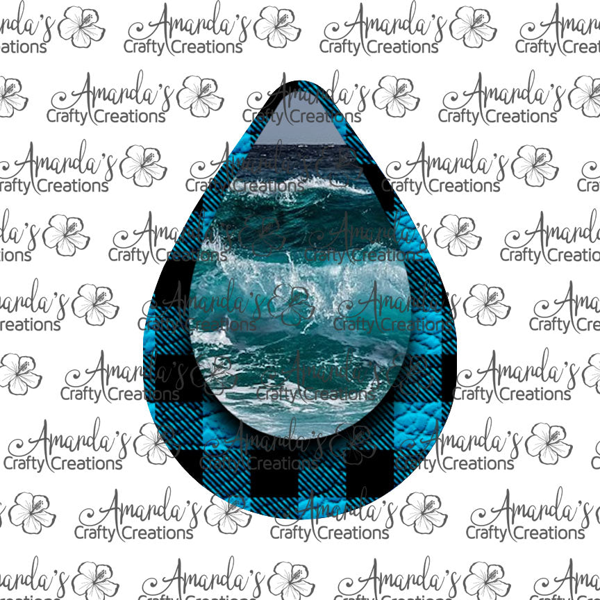 Teal Buffalo Plaid Ocean Waves Teardrop Earring Sublimation Design, Hand drawn Teardrop Sublimation earring design, digital download, JPG, PNG