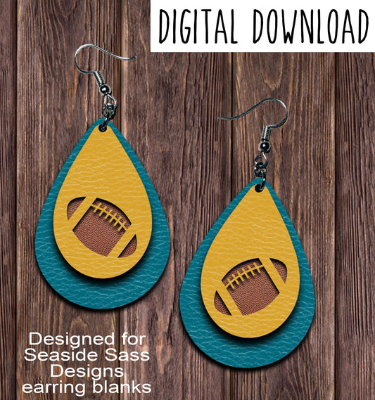 Teal Gold Football Cut Out Teardrop Earring Sublimation Design, Hand drawn Teardrop Sublimation earring design, digital download, JPG, PNG