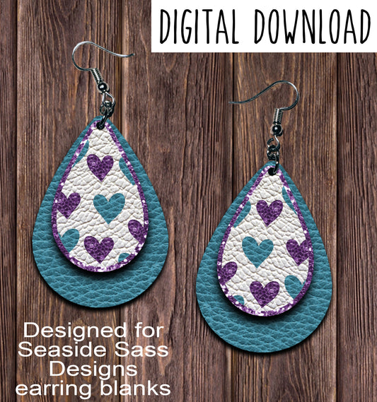 Teal Purple Heart Teardrop Earring Sublimation Design, Hand drawn Teardrop Sublimation earring design, digital download, JPG, PNG