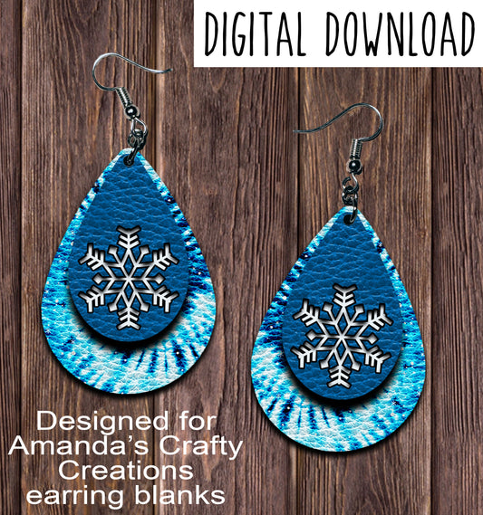 Tie Dye Blue Snowflake Teardrop Earring Sublimation Design, Hand drawn Teardrop Sublimation earring design, digital download, JPG, PNG