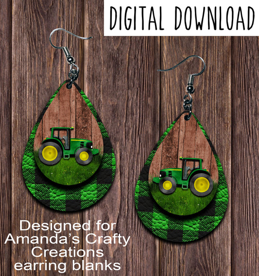 Tractor Green Buffalo Plaid Teardrop Earring Sublimation Design, Hand drawn Teardrop Sublimation earring design, digital download, JPG, PNG