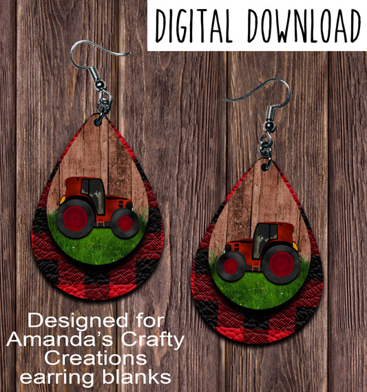 Tractor Red Buffalo Plaid Teardrop Earring Sublimation Design, Hand drawn Teardrop Sublimation earring design, digital download, JPG, PNG