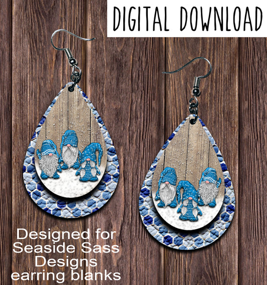 Triple Gnomes Blue Teardrop Earring Sublimation Design, Hand drawn Teardrop Sublimation earring design, digital download, JPG, PNG