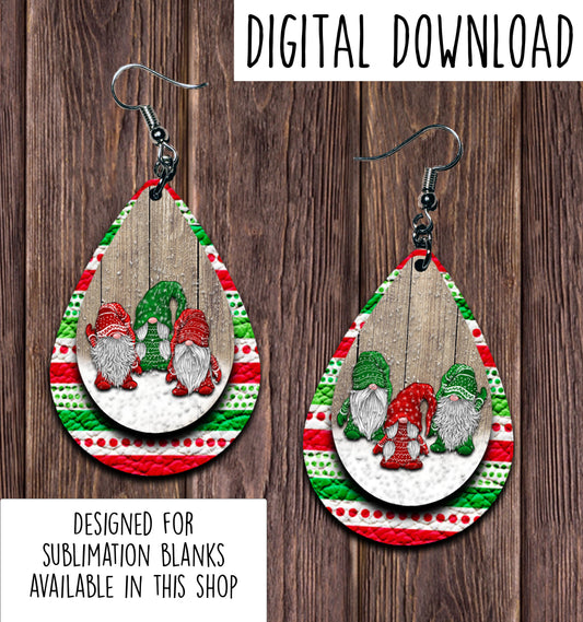 Triple Gnomes Red Green Teardrop Earring Sublimation Design, Hand drawn Teardrop Sublimation earring design, digital download, JPG, PNG