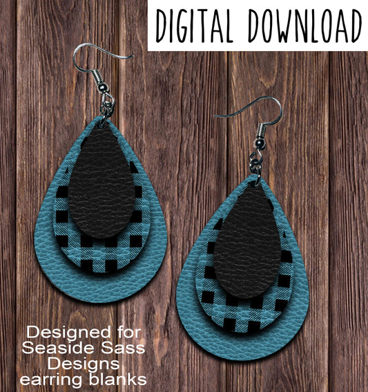 Turquoise Buffalo Plaid Black Teardrop Earring Sublimation Design, Hand drawn Teardrop Sublimation earring design, digital download, JPG, PNG