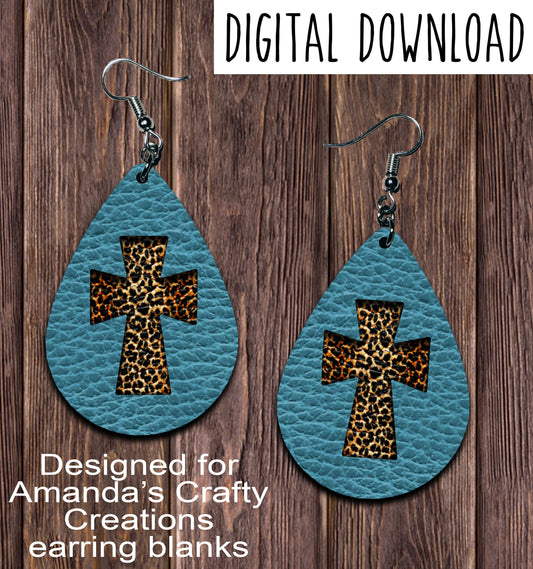 Turquoise Leopard Cross Cut Out Teardrop Earring Sublimation Design, Hand drawn Teardrop Sublimation earring design, digital download, JPG, PNG