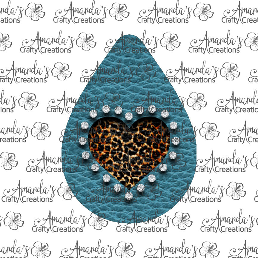 Turquoise Leopard Rhinestone Heart Cut Out Diagonal Teardrop Earring Sublimation Design, Hand drawn Teardrop Sublimation earring design, digital download, JPG, PNG
