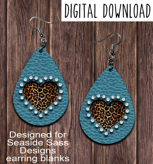 Turquoise Leopard Rhinestone Heart Cut Out Diagonal Teardrop Earring Sublimation Design, Hand drawn Teardrop Sublimation earring design, digital download, JPG, PNG